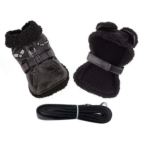 Black Top Dog Flight Coat with Leash - Posh Puppy Boutique