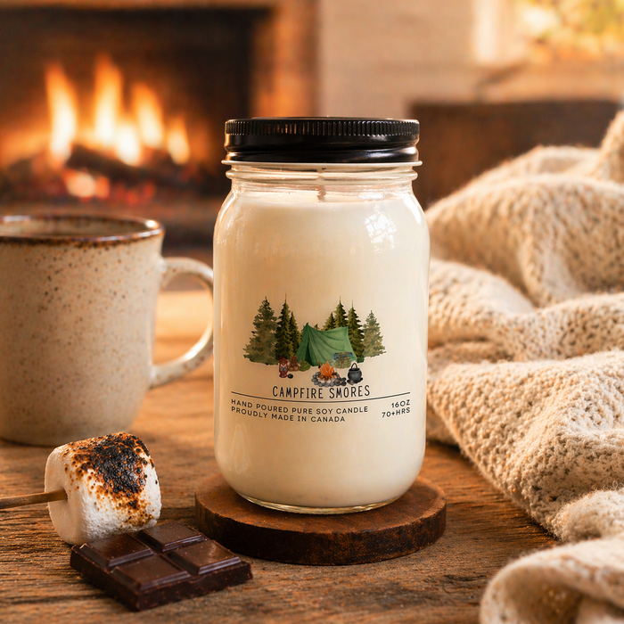 Jar of Campfire Shores candle with a mug, marshmallows, and chocolate on a wooden surface with a fireplace in the background.