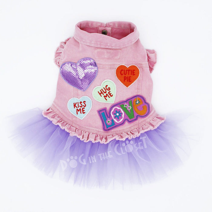 Candy Hearts Purple Denim Dog Jacket with Tutu