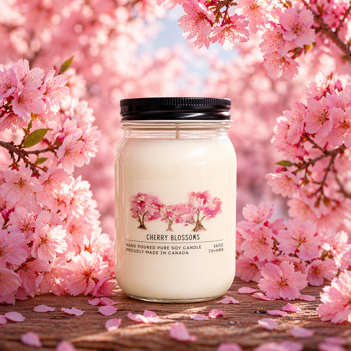 Candle labeled 'Cherry Blossoms' with pink blossoms in the background