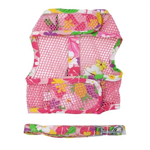 Cool Mesh Dog Harness with Leash - Pink Hawaiian Floral - Posh Puppy Boutique