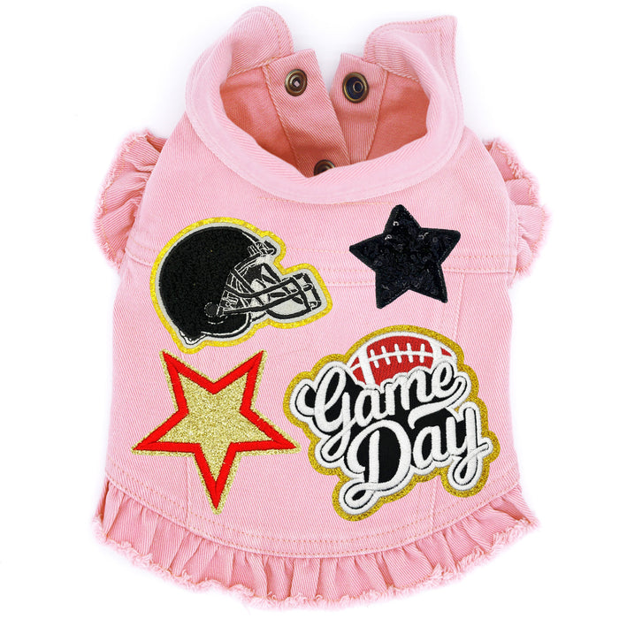 Football Game Day Pink Denim Ruffle Jacket