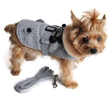 Grey Herringbone Dog Coat with Leash - Posh Puppy Boutique