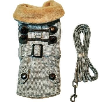 Grey Herringbone Dog Coat with Leash - Posh Puppy Boutique