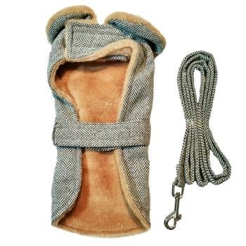 Grey Herringbone Dog Coat with Leash - Posh Puppy Boutique