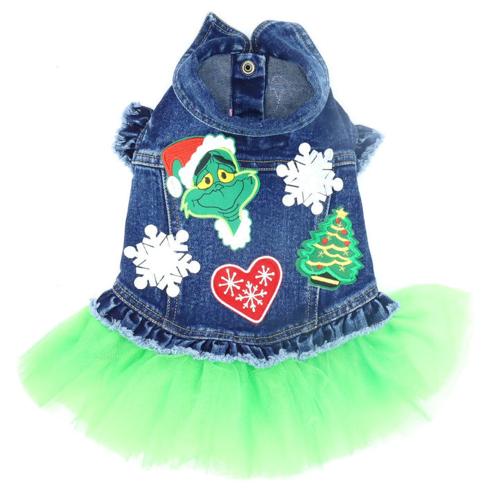 Grinch Denim Dog Jacket with Tutu - Posh Puppy Boutique