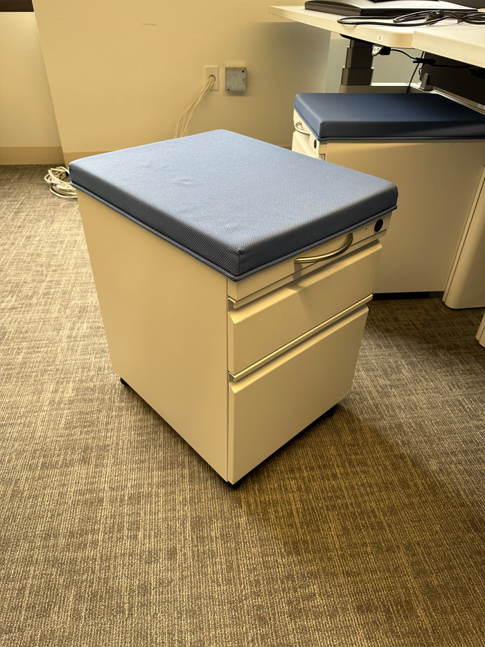 White with blue fabric top rolling pedestal storage cabinet