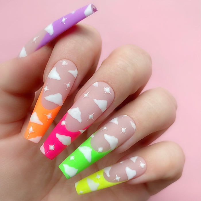 Out of Monet gel art applied to nail extensions with cloud design