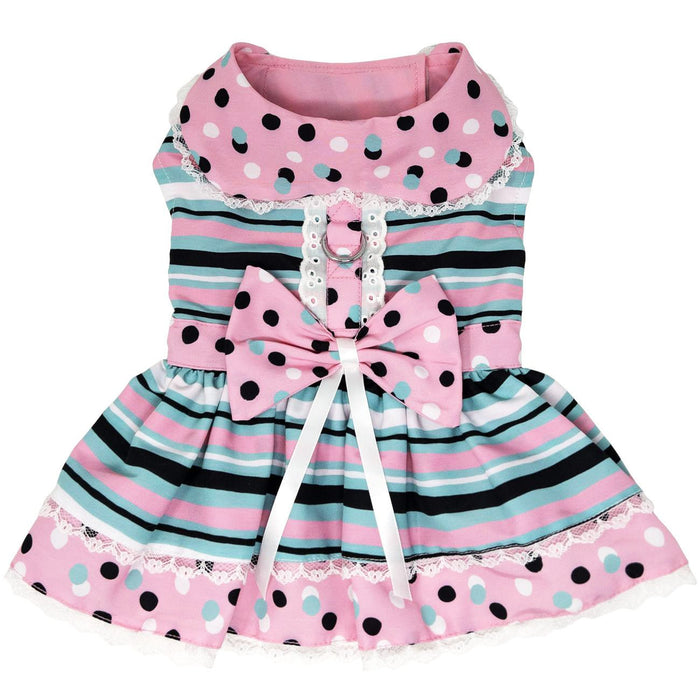 Pink and Teal Dots & Stripes Harness Dress with Matching Leash - Posh Puppy Boutique