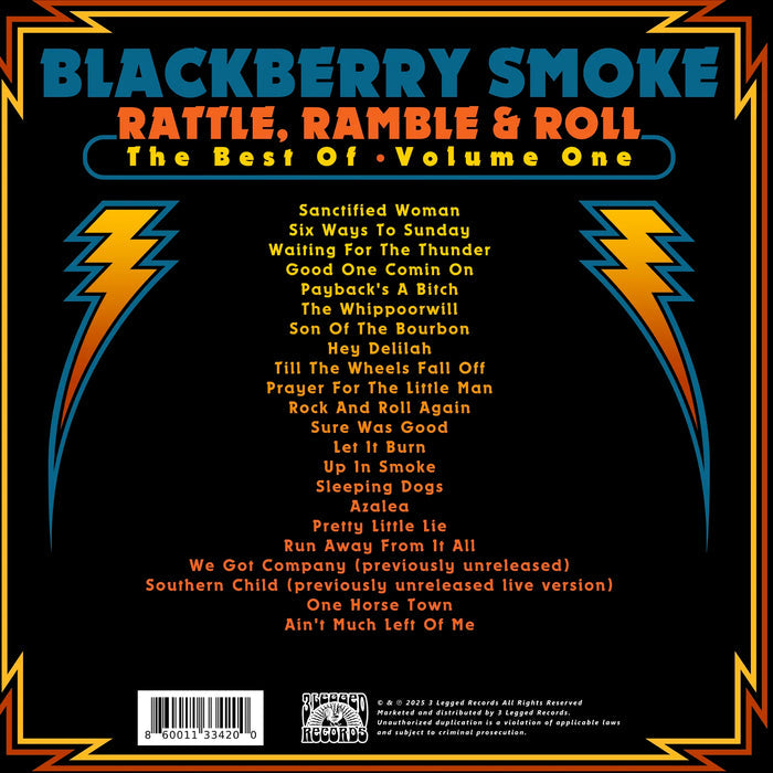 Back cover of a music album by Blackberry Smoke titled 'Rattle, Ramble & Roll: The Best Of Volume One' with tracklist and decorative elements.