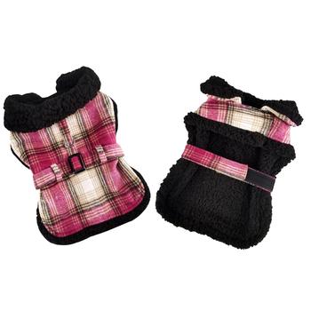 Sherpa - Lined Dog Harness Coat - Hot Pink & Tan Plaid - Posh Puppy Boutique