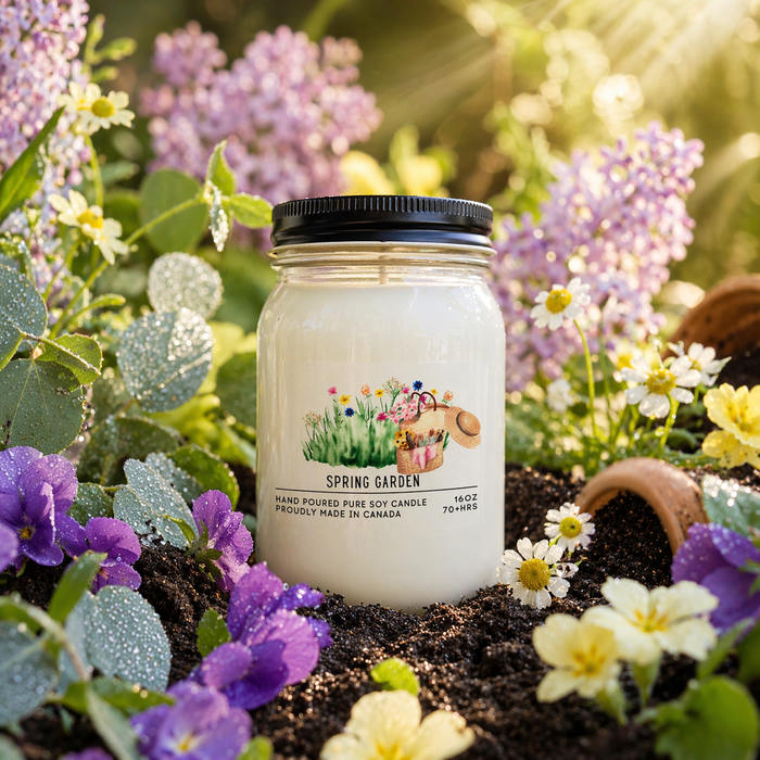 Candle labeled 'Spring Garden' in a garden setting with flowers