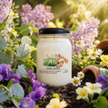 Candle labeled 'Spring Garden' in a garden setting with flowers