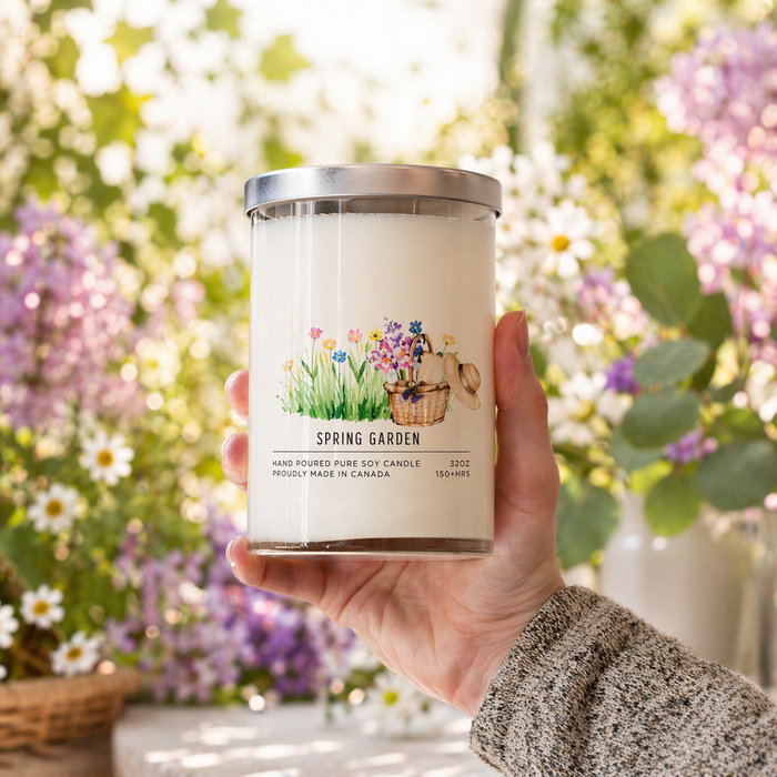 Hand holding a candle labeled 'Spring Garden' with a garden-themed label against a floral background.