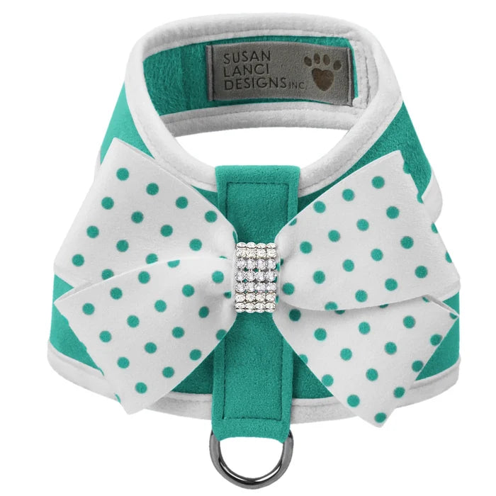 Susan Lanci Bimini Polka Dot Nouveau Bow with AB Giltmore Tinkie Harness with White Trim - Posh Puppy Boutique