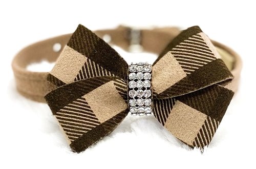 Susan Lanci Fawn Gingham Nouveau Bow Ultrasuede Collar - Posh Puppy Boutique