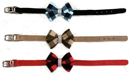 Susan Lanci Fawn Gingham Nouveau Bow Ultrasuede Collar - Posh Puppy Boutique