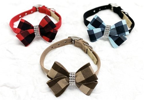 Susan Lanci Fawn Gingham Nouveau Bow Ultrasuede Collar - Posh Puppy Boutique
