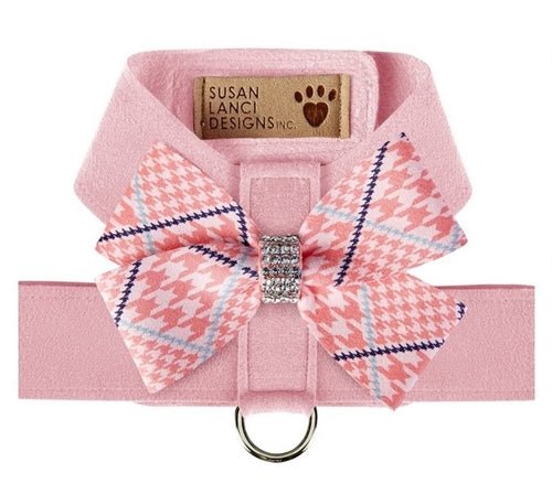 Susan Lanci Peaches N Cream Glen Houndstooth Nouveau Bow Puppy Pink Tinkie Harness - Posh Puppy Boutique