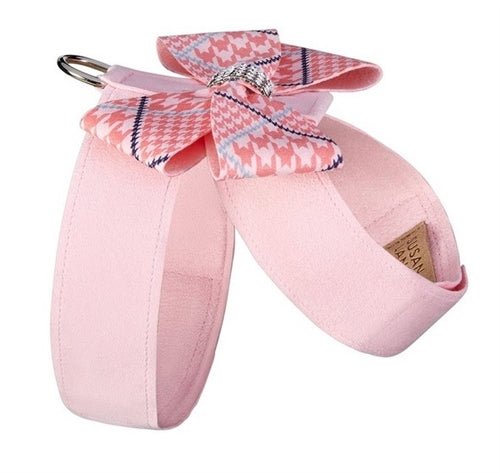 Susan Lanci Peaches N Cream Glen Houndstooth Nouveau Bow Puppy Pink Tinkie Harness - Posh Puppy Boutique