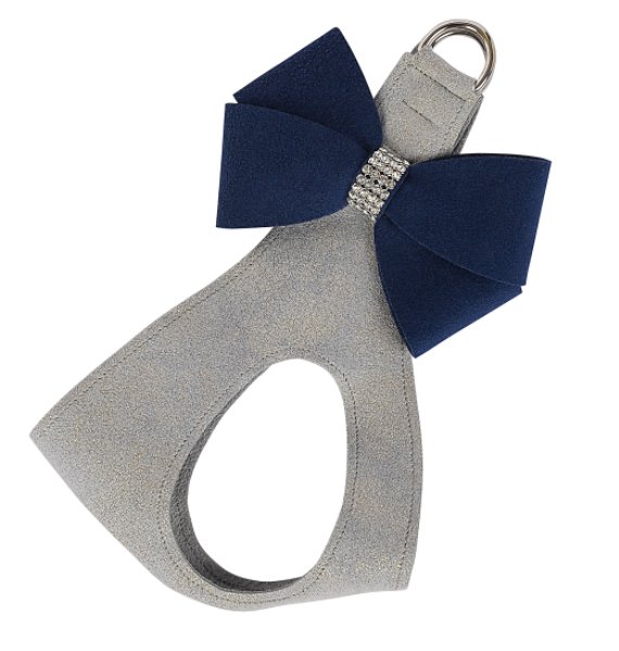 Susan Lanci Platinum Glitzerati Step in Harness with Indigo Nouveau Bow - Posh Puppy Boutique