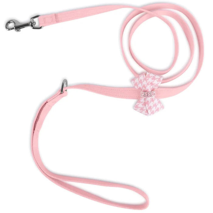 Susan Lanci Puppy Pink Houndstooth Nouveau Bow with Pink Giltmore Step In Harness - Posh Puppy Boutique