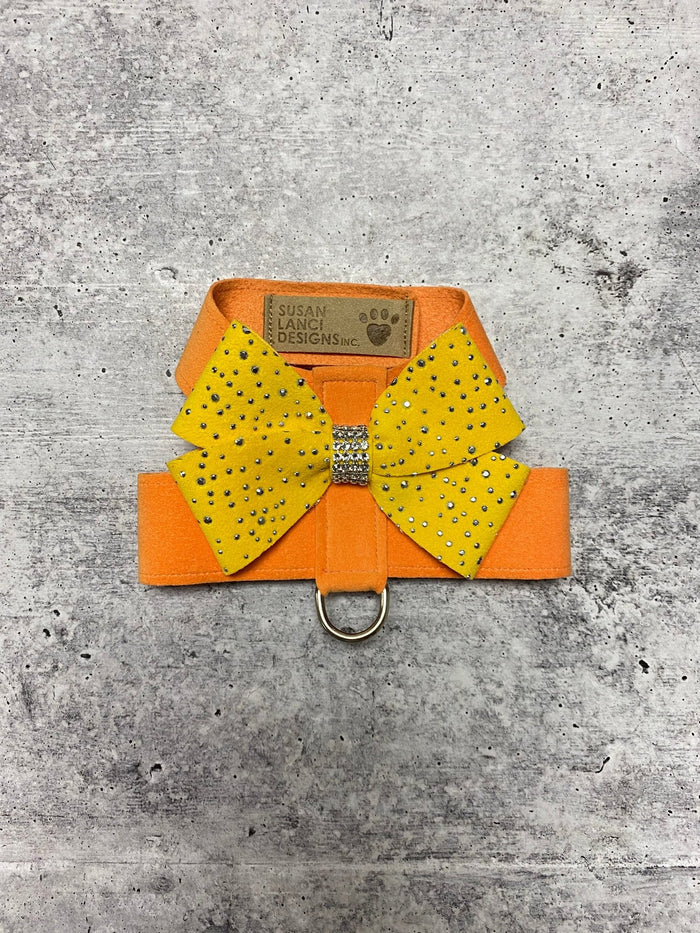 Susan Lanci Tangerine Tinkie Harness with Sunshine and Silver Stardust Nouveau Bow - Posh Puppy Boutique