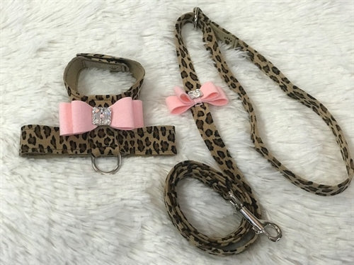Susan Lanci Two Tone Big Bow Tinkie Harness in Cheetah and Puppy Pink Bow - Posh Puppy Boutique