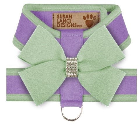 Susan Lanci Two Tone Nouveau Bow Tinkie Harness in French Lavender and Mint with Matching Leash - Posh Puppy Boutique