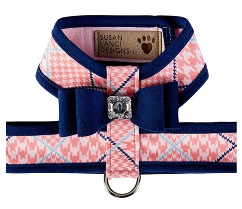 Susan Lanci Two Tone Peaches N Cream Glen Houndstooth Big Bow Harness - Posh Puppy Boutique