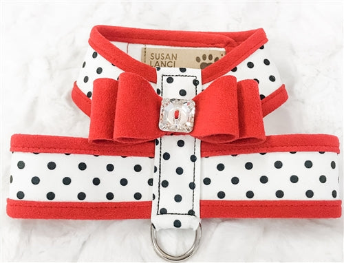 Susan Lanci Two Tone Polka Dot Big Bow Tinkie Harness in Red - Posh Puppy Boutique