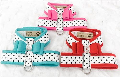 Susan Lanci Two Tone Polka Dot Big Bow Tinkie Harness in Red - Posh Puppy Boutique