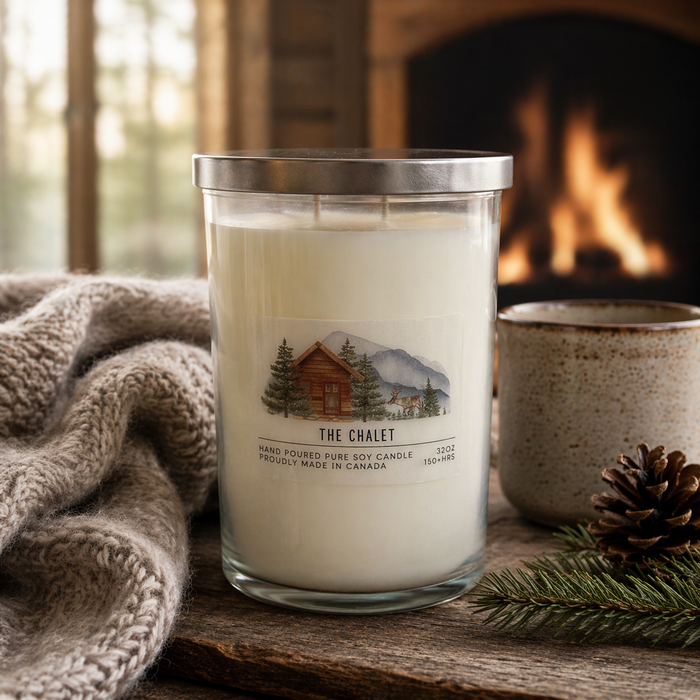 Candle labeled 'The Chalet' with a fireplace in the background