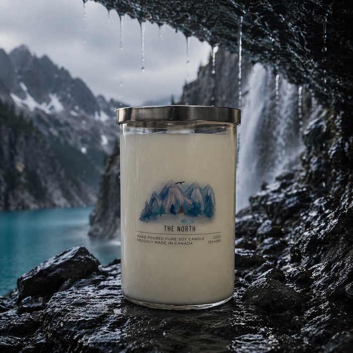 Candle labeled 'The North' in a mountainous, waterfall setting