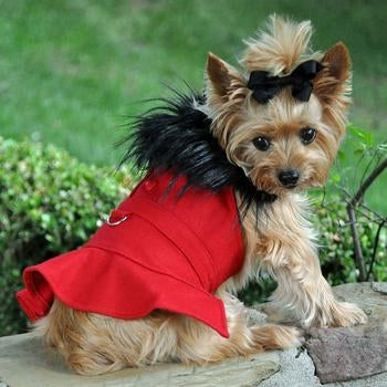 Wool Fur-Trimmed Dog Harness Coat - Red - Posh Puppy Boutique